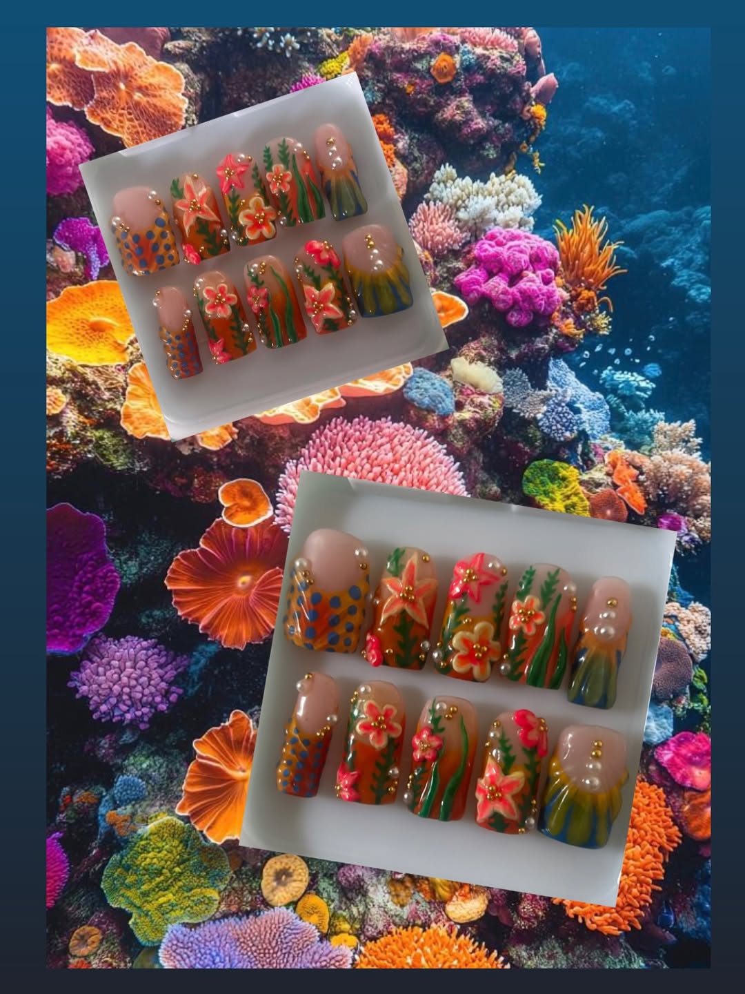 Set of press-on nails with soft pink floral and botanical hand-painted designs