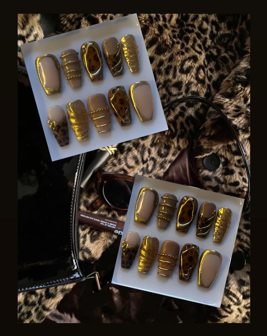 Bespoke custom nail set with detailed hand-painted motifs in deep rose and gold tones