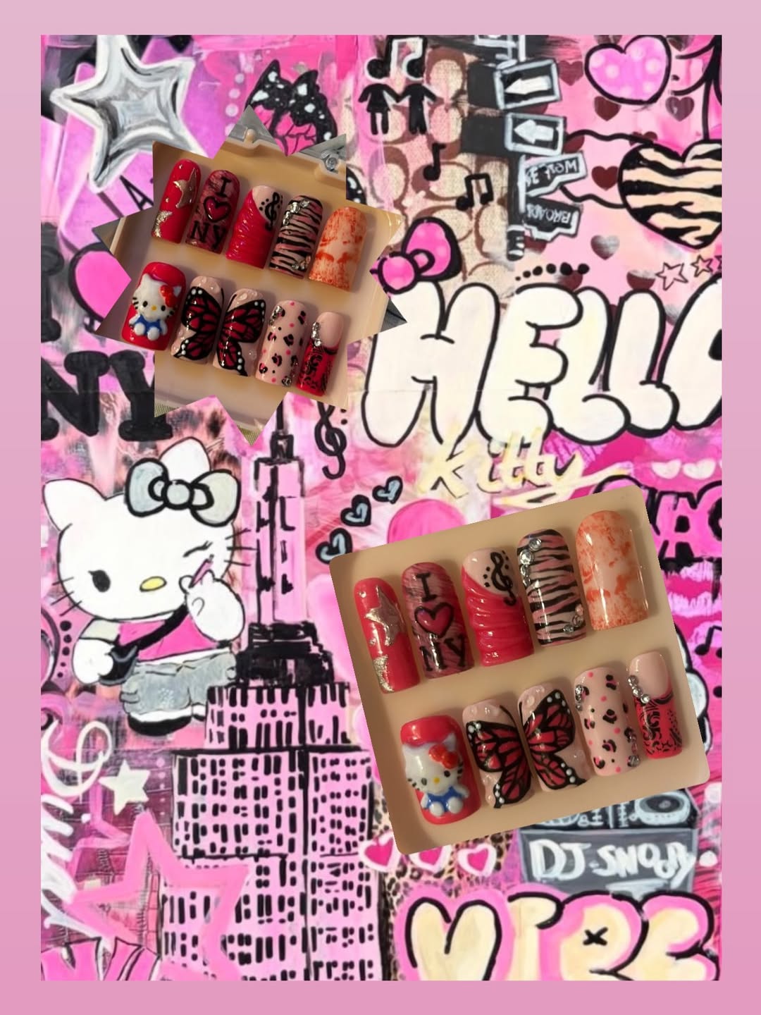 Abstract nail art set with swirling pastel tones and geometric accents
