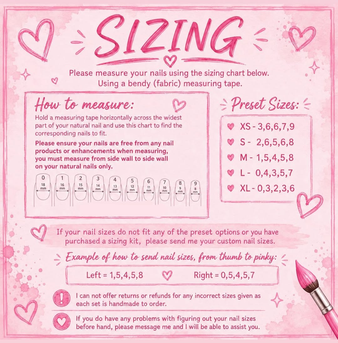 Nail sizing chart showing hand measurements